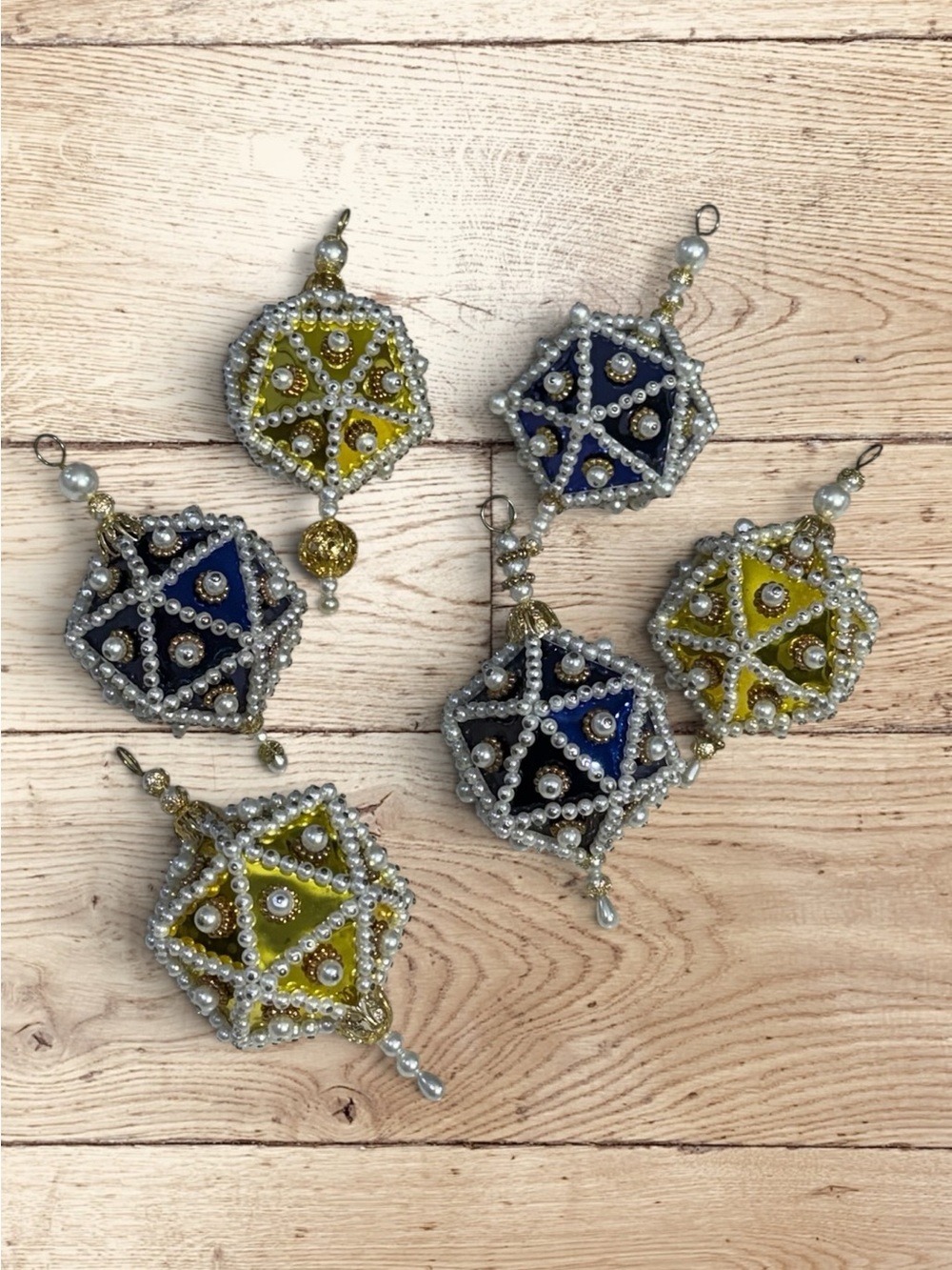 Vintage Handmade Pearl Beaded Christmas Ornaments Set of 6 Blue Gold